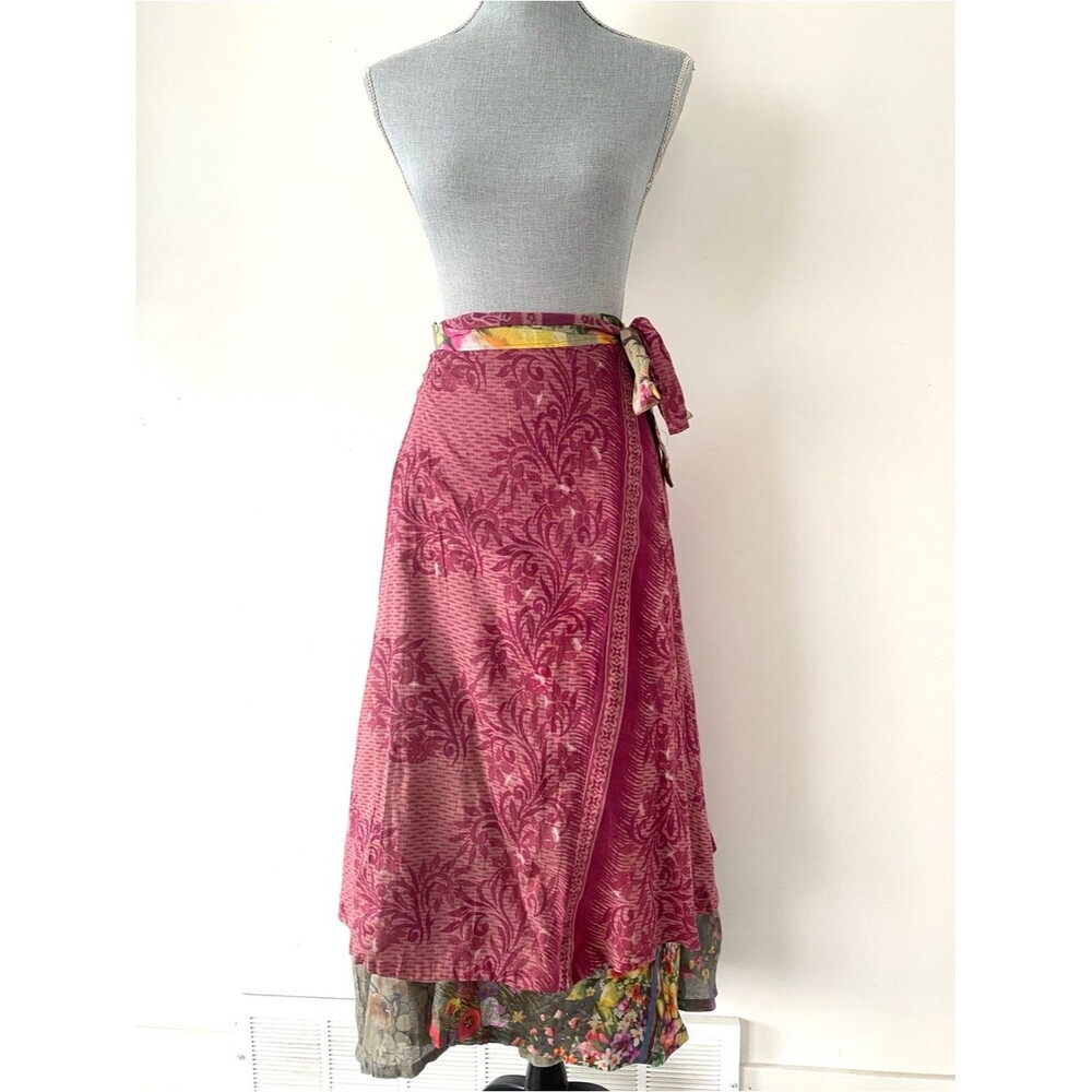 Pink Floral Grey Wrap Skirt Maxi Length Sz OS Cottagecore Eclectic Boho Chic